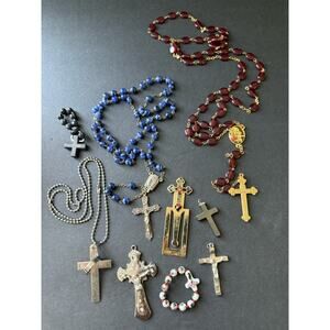 Vintage Cross Rosary Bundle Lot Religious Cross Crucifix Beaded (9)